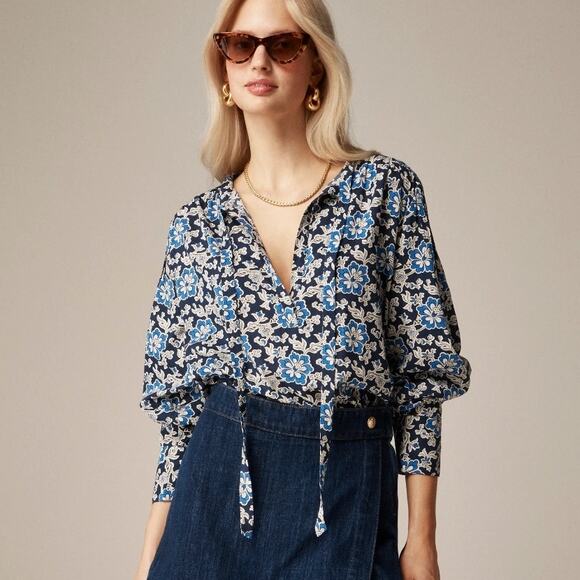 J.Crew V-Neck Tie Top XXS‎ Floral Print Dobby Blue Navy Dark Evening Floral - Picture 1 of 8